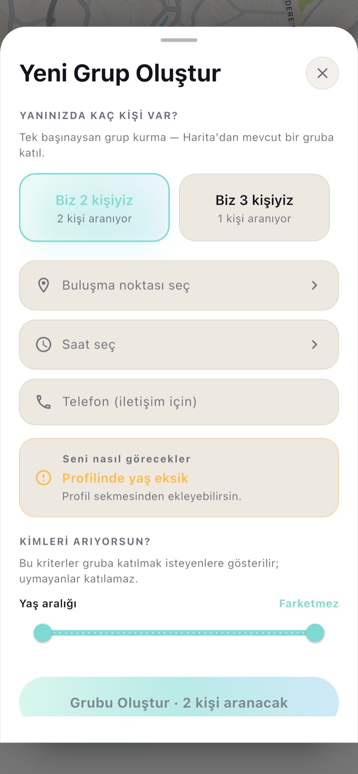 Yeni grup oluşturma ekranı — kişi sayısı, buluşma noktası ve saat