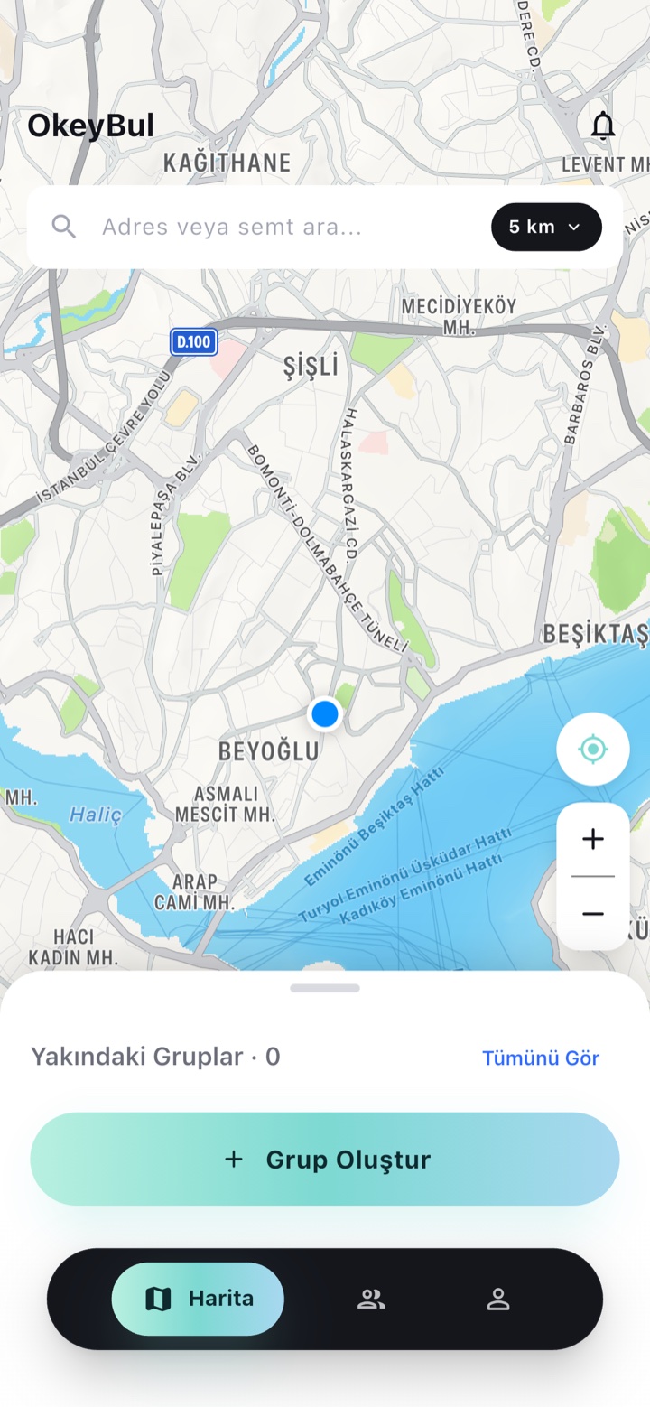 OkeyciBul harita ekranı — İstanbul'da yakındaki okey masaları
